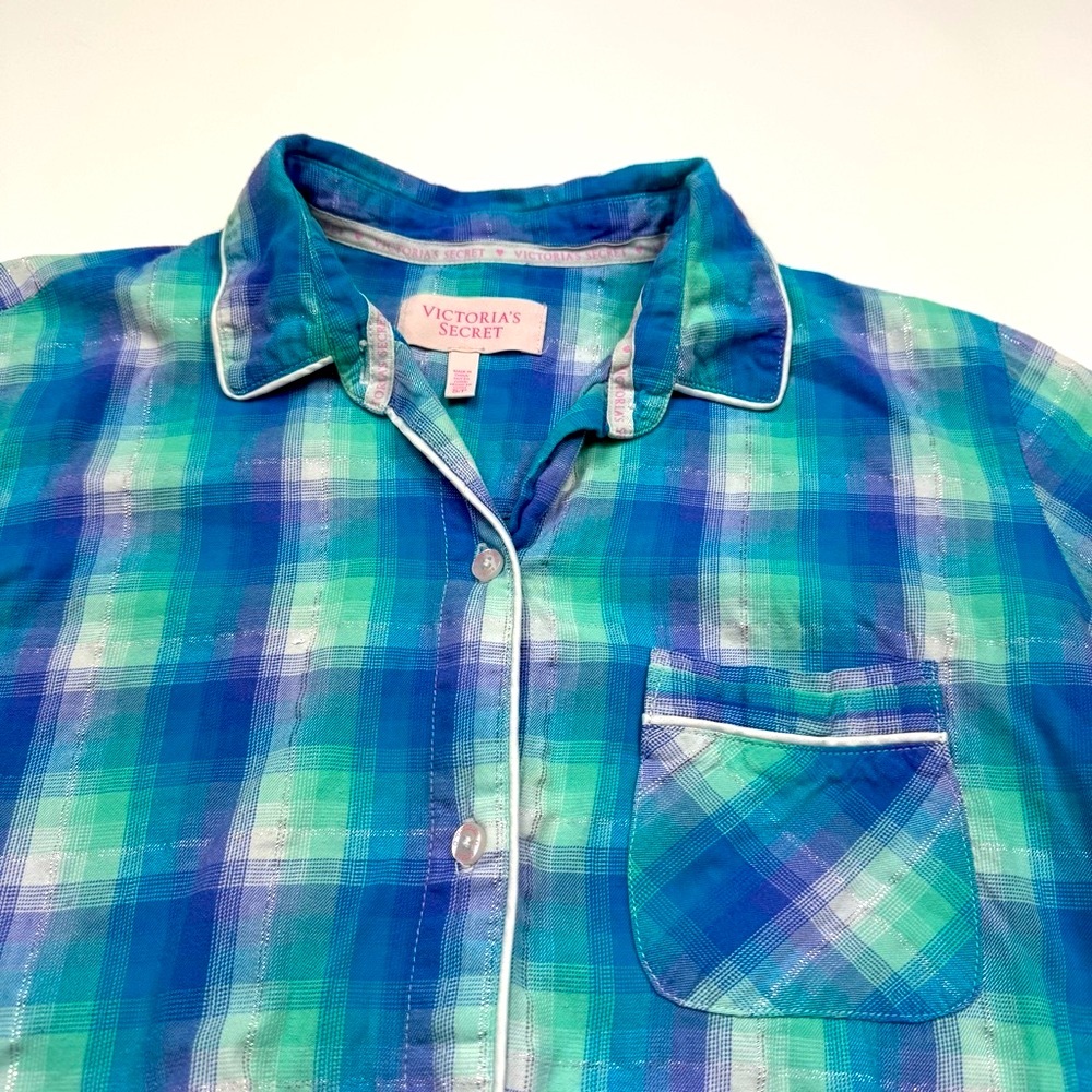 Victoria's Secret Blue and Green Plaid Classic 2 Piece Pajama Set Size Small - Picture 3 of 6
